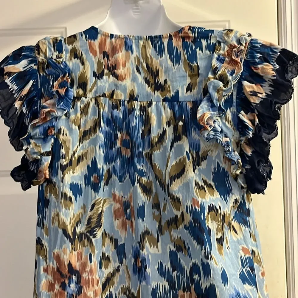 House of Harlow 1960 Boho Floral Ruffled Sleeve V-Neck Blouse w/ Rope Tie-Small